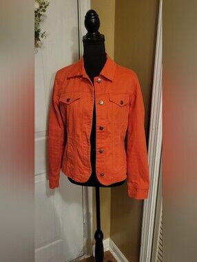 Women's Charter Club Orange Denim Jacket - Button-Front Jean Coat, Size Small